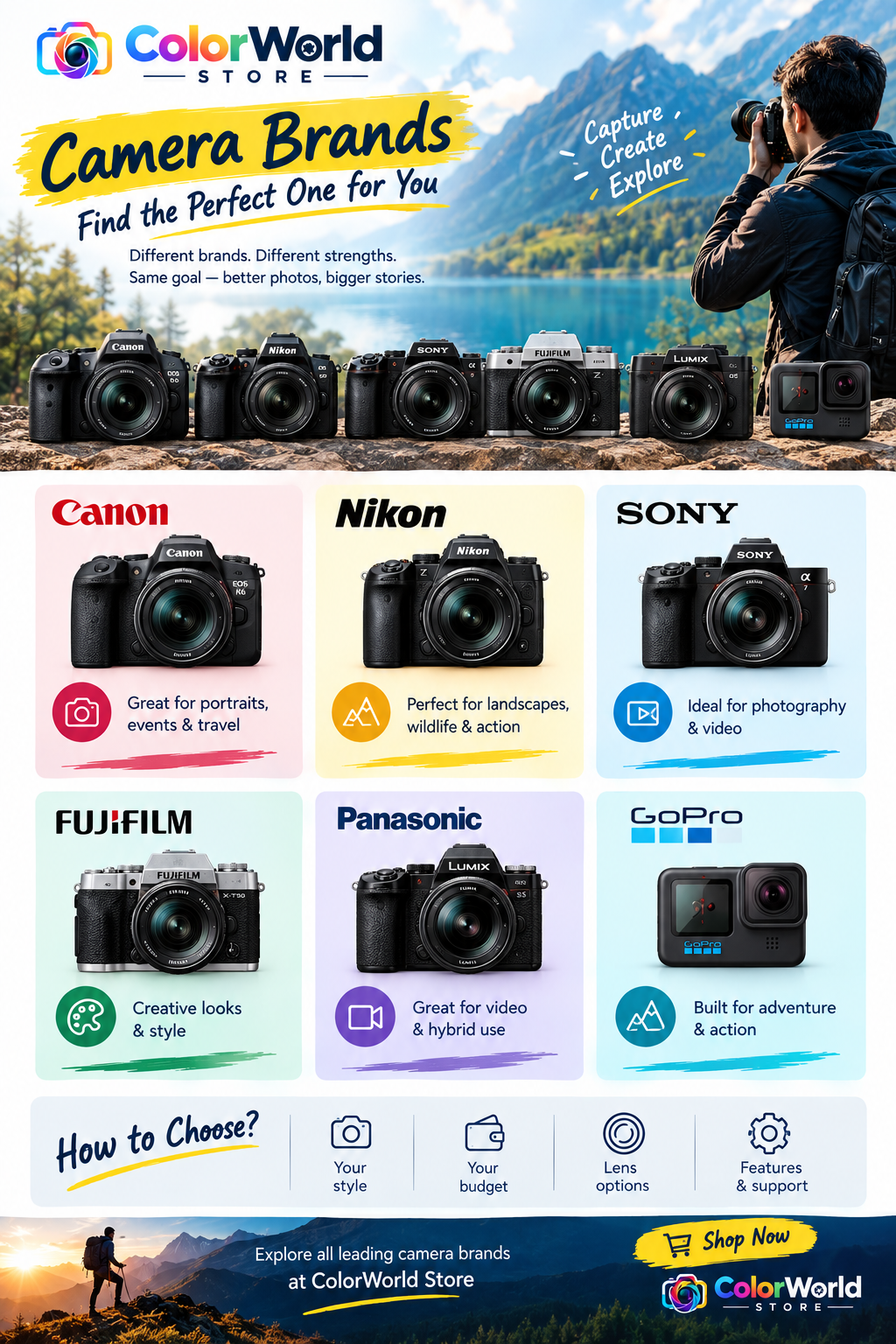 Camera brands infographic comparing Canon, Nikon, Sony, Fujifilm, Panasonic and GoPro